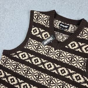 NWT Only NY Mens Large Fair Isle Knit Sweater Vest Lambs Wool Blend Brown Beige
